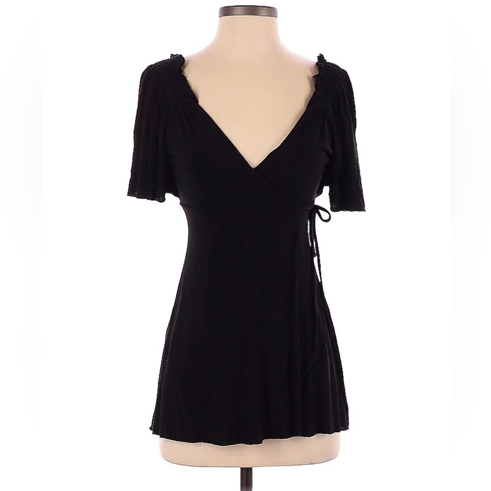 BAILEY 44 Black V Neck Wrap Like Tie Front Short Sleeve TOP SHIRT Small